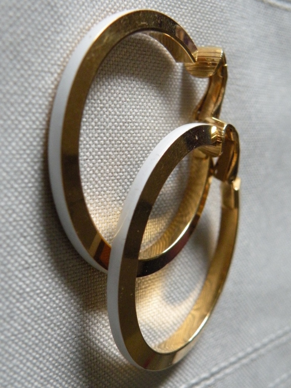 Vintage Crown Trifari White Enamel & Gold Tone Hoops Clip-on Earrings, over 1.5"